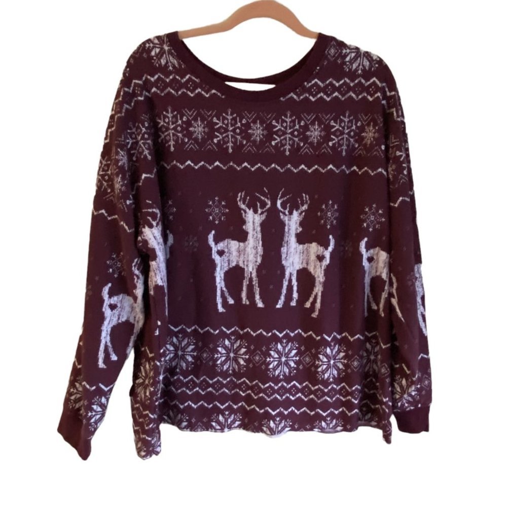 Fifth Sun Women 2X Maroon‎ Holiday Christmas Snowflake Reindeer Deer Sweatshirt